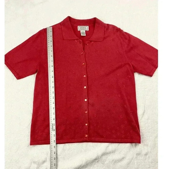 VTG Jennifer Moore Women's Red Collared Top Short Small Embroidered Flowers - Picture 10 of 12